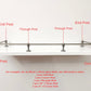 Diagram showing a Black Shadow brass gallery rail installation on a shelf with labeled End Posts, Corner Posts, Through Posts, and ordering example text.