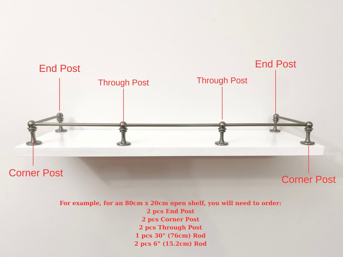 Diagram showing a Black Shadow brass gallery rail installation on a shelf with labeled End Posts, Corner Posts, Through Posts, and ordering example text.