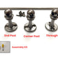 Black Shadow brass gallery rail components labeled End Post, Corner Post, Through Post, with mounting screws and assembly kit.
