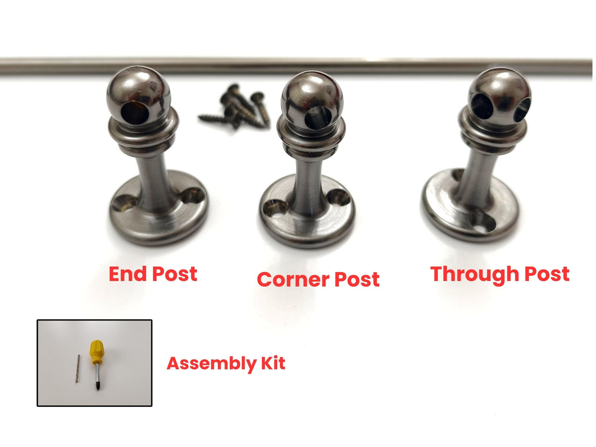 Black Shadow brass gallery rail components labeled End Post, Corner Post, Through Post, with mounting screws and assembly kit.