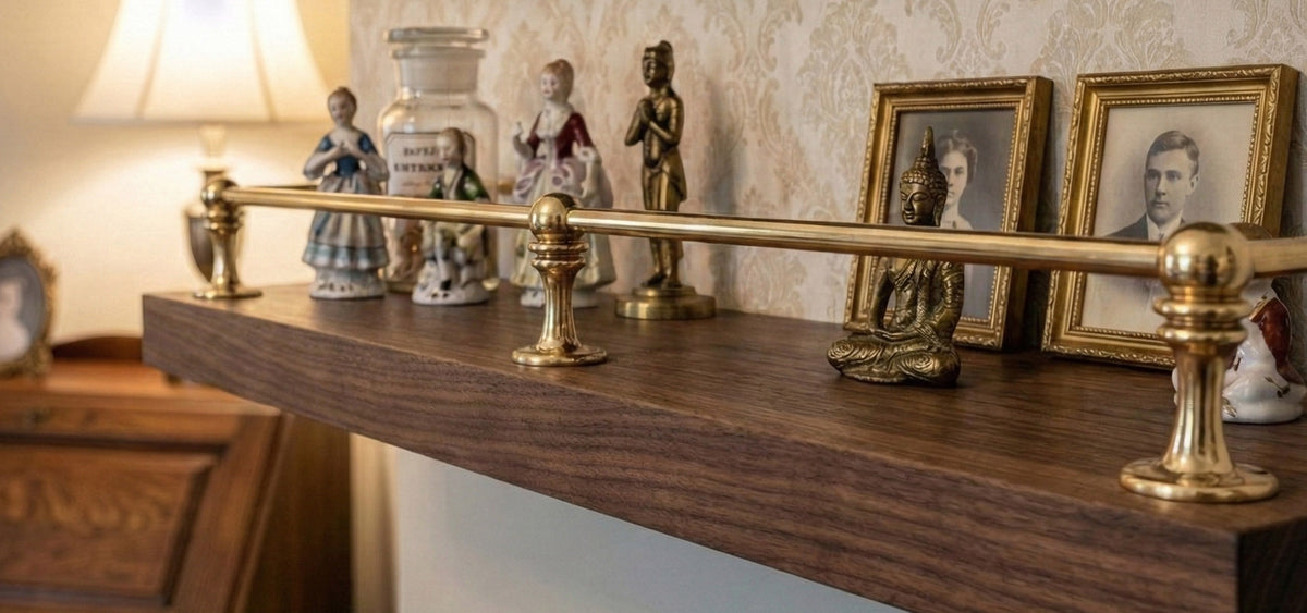 Solid Brass Gallery Rail System for Floating Wooden Shelves and Wall Decor