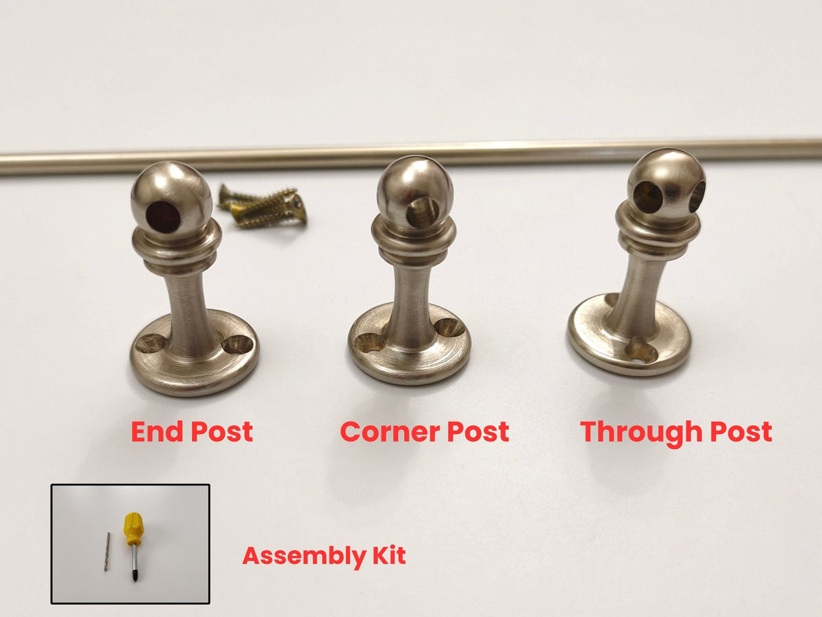 Brushed nickel gallery rail components showing end post, corner post, through post types, mounting screws, and assembly kit.