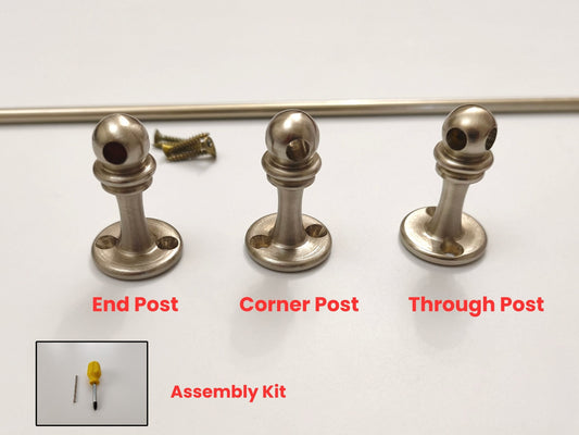 Brushed nickel gallery rail components showing end post, corner post, through post types, mounting screws, and assembly kit.