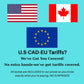 Informational banner showing US, Canada, and EU flags explaining that all customs tariffs and duties are included in the price with no extra charges.
