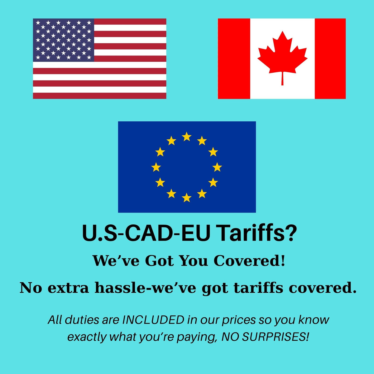 Informational banner showing US, Canada, and EU flags explaining that all customs tariffs and duties are included in the price with no extra charges.