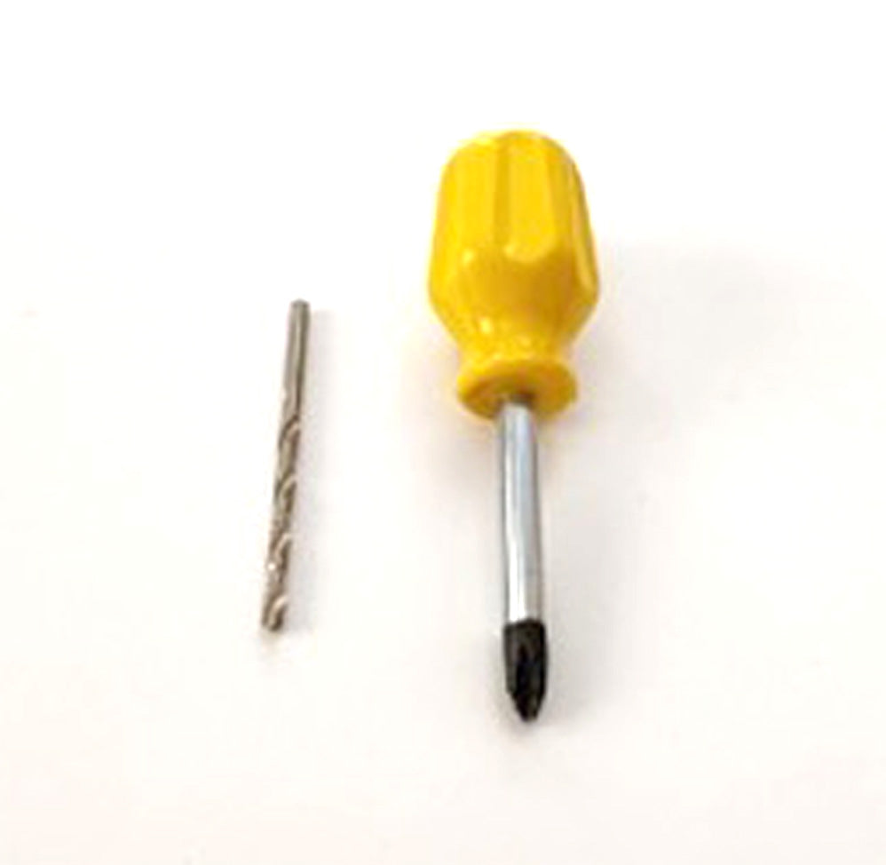 Brass Gallery Rail shelf gallery rail assembly kit featuring a yellow mini screwdriver and a small drill bit for easy installation.