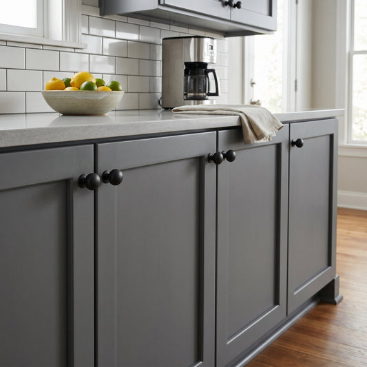Matte black solid brass ball cabinet knobs installed on dark grey shaker kitchen cabinets with a subway tile backsplash.