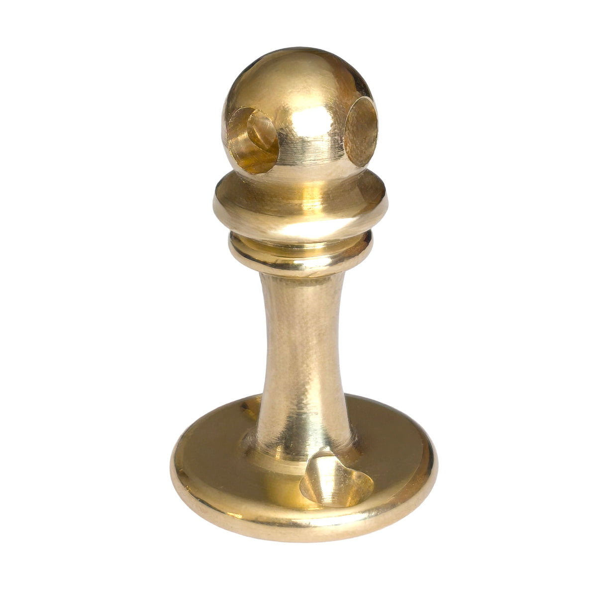 Brass Gallery Rail solid polished brass corner post with 90-degree holes for shelf rail corner transitions, single product view on white background.