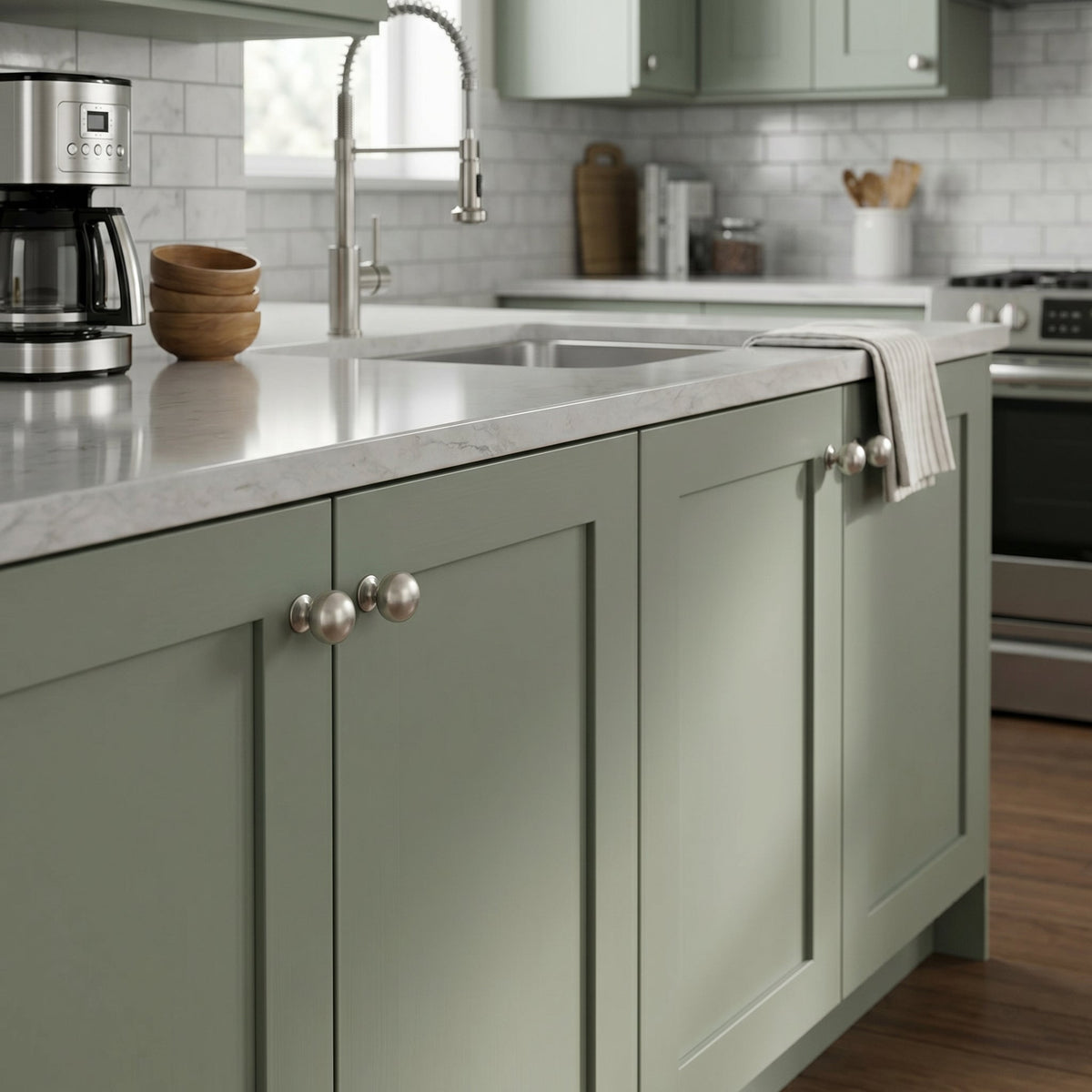 Brushed satin nickel solid brass ball cabinet knobs installed on sage green shaker kitchen island cabinets with marble countertops.
