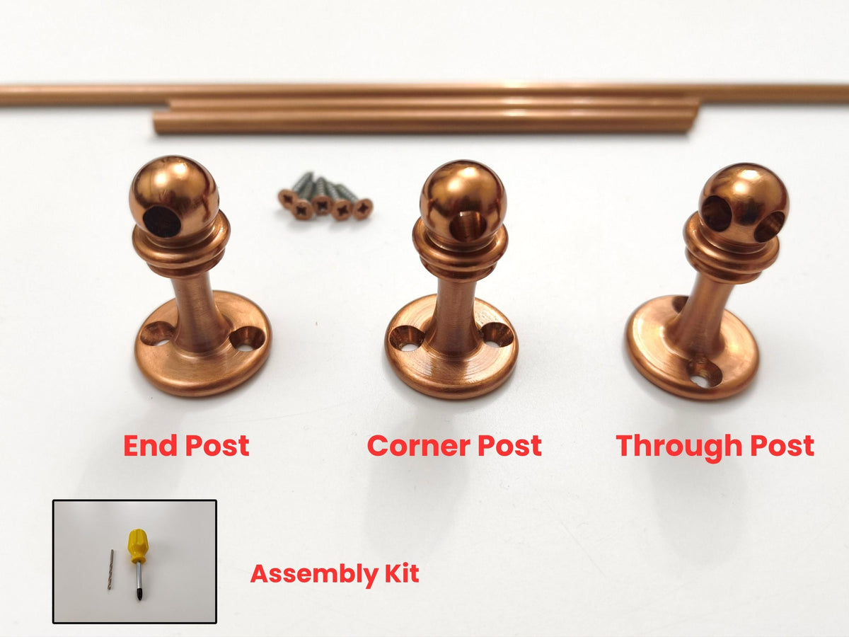 Brass Gallery Rail solid brass gallery rail set with warm copper finish, including end post, corner post, through post, rails, and assembly kit with screws. view7