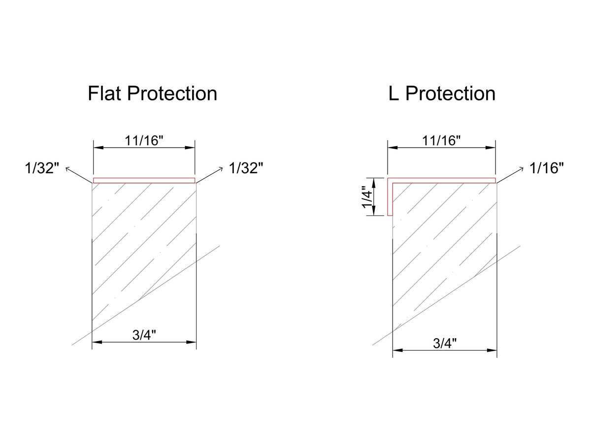Technical dimensions diagram showing Flat Protection and L Protection solid brass drawer topper profiles for 3/4 inch cabinetry
