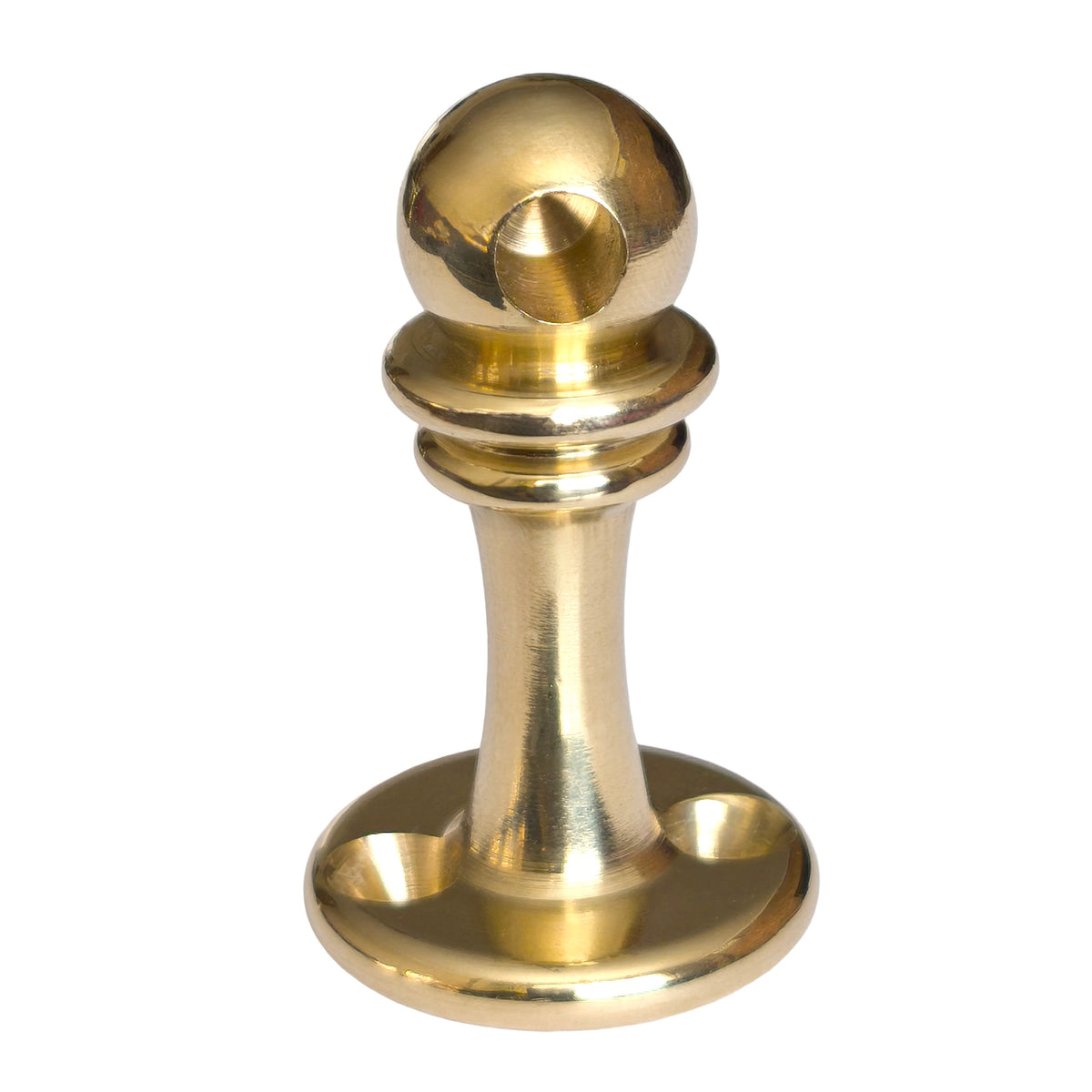 Brass Gallery Rail solid polished brass end post with a single dead-end hole for terminating shelf gallery rails, single product shot on white background.