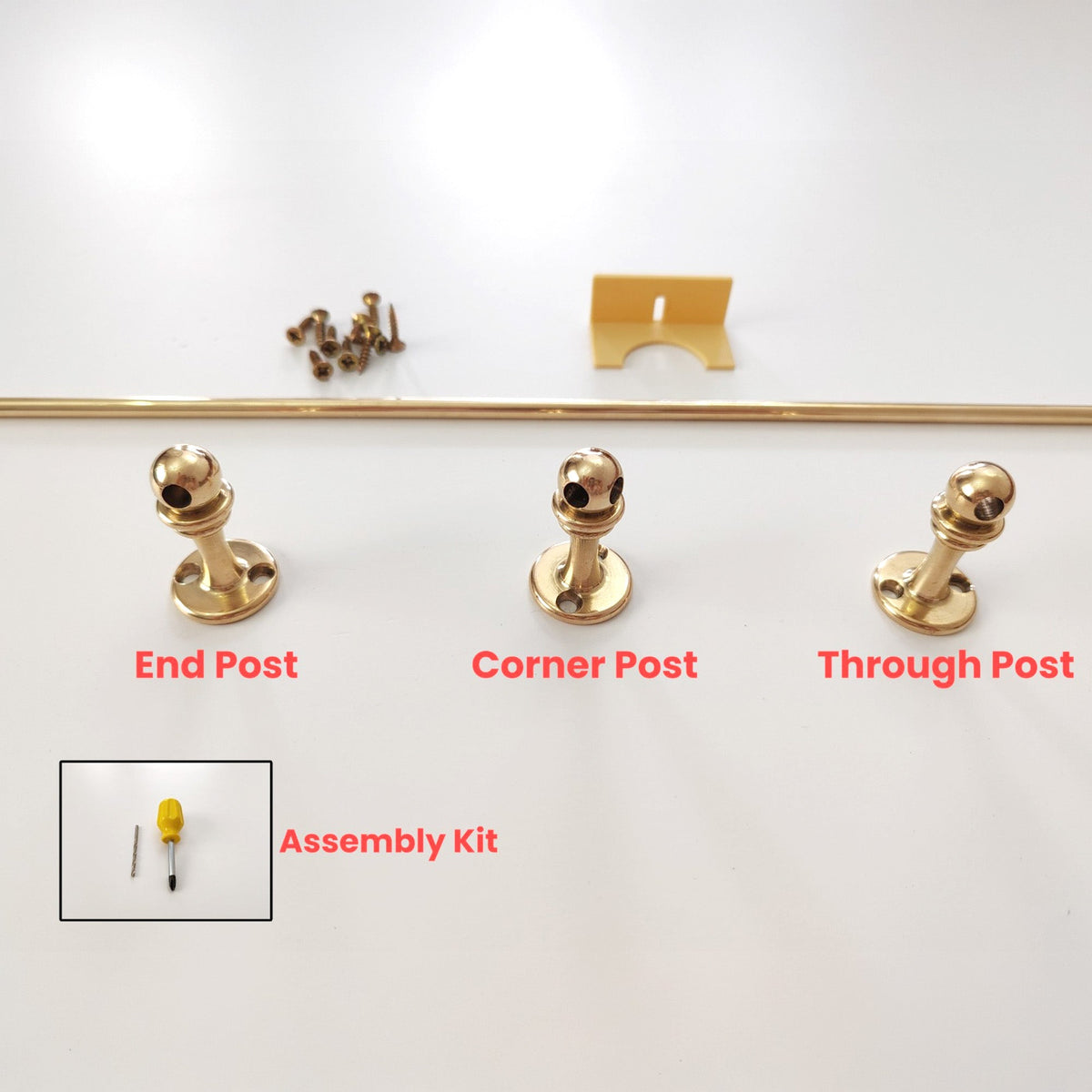 Brass Gallery Rail solid polished brass gallery rail full set including end post, corner post, through post, rod, mounting screws, positioning template, and assembly kit.