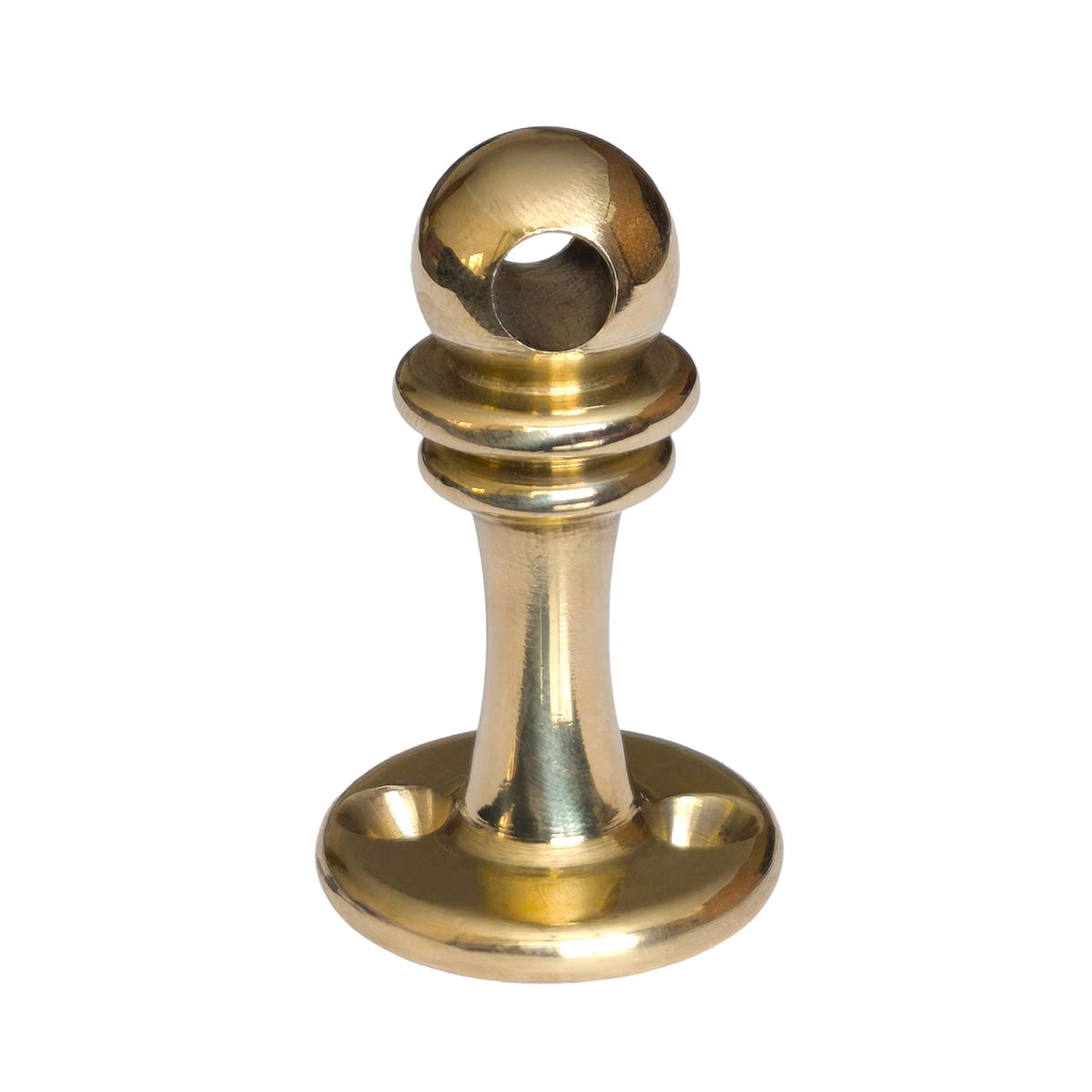 Brass Gallery Rail solid polished brass through post with a straight pass-through hole for intermediate shelf rail support, single product shot on white background.