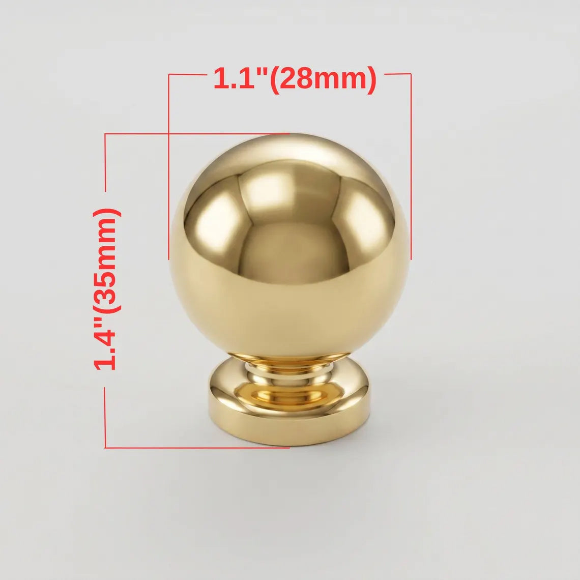 Dimension diagram of unlacquered solid brass ball drawer knob showing 1.1 inch diameter and 1.4 inch total height.
