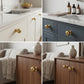 Collage showing unlacquered solid brass ball drawer knobs installed on white kitchen cabinets, dark blue bathroom vanity, and natural wood furniture.
