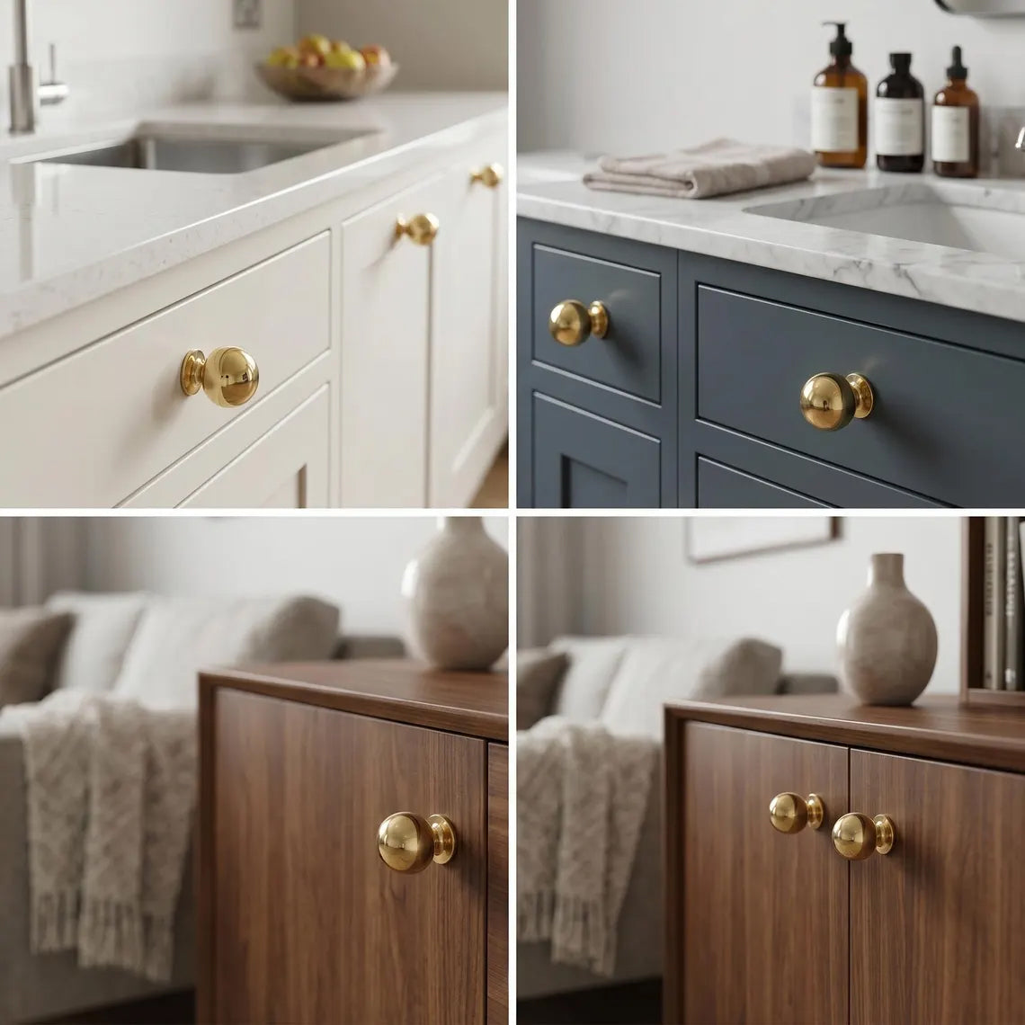 Collage showing unlacquered solid brass ball drawer knobs installed on white kitchen cabinets, dark blue bathroom vanity, and natural wood furniture.