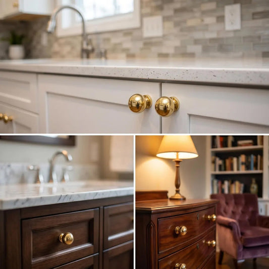 Collage demonstrating unlacquered solid brass ball knobs installed on white kitchen cabinets, dark wood bathroom vanity, and antique bedroom dresser.