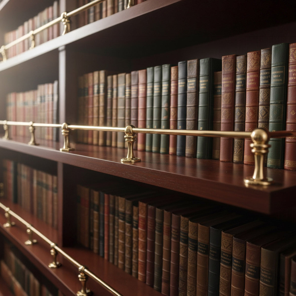 Solid unlacquered brass gallery rail rods mounted on multi-shelf mahogany wood library bookcase holding vintage leather-bound books.