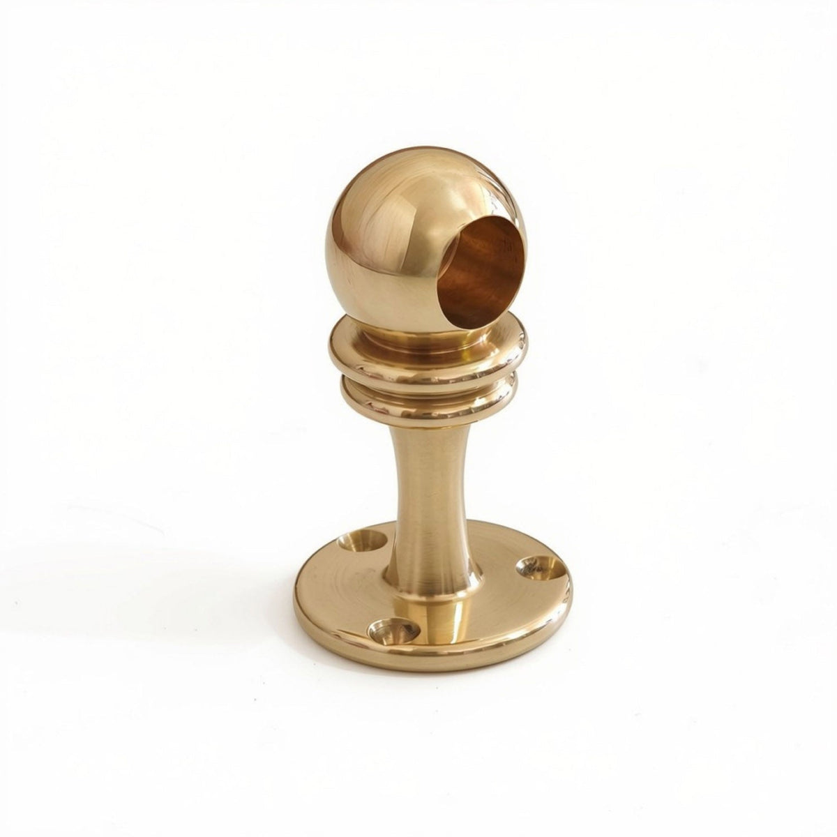 Solid unlacquered brass kitchen rail end post with spherical ball cap and mounting flange